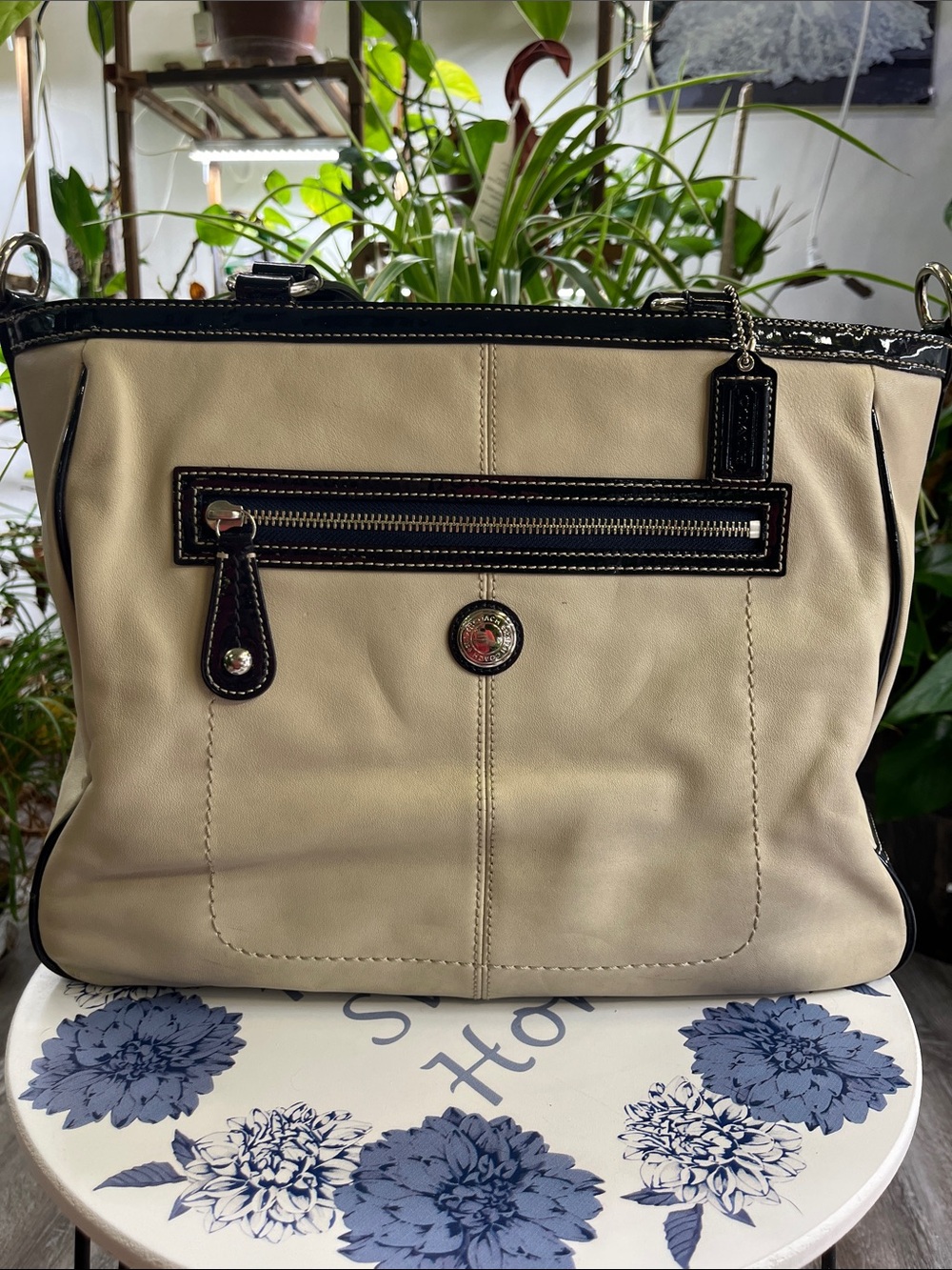 Coach Cream and Navy Leather Tote Bag